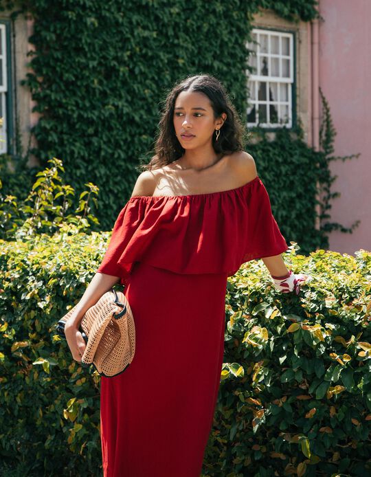 Comprar Online Vestido Com Linho, Mulher, Vermelho Escuro