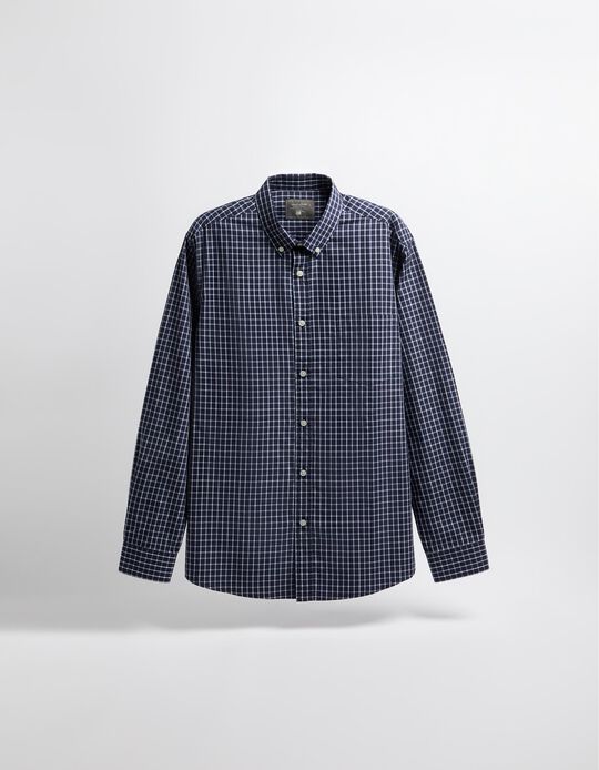Comprar Online Camisa de Manga Comprida Popelina Xadrez, Homem, Azul Escuro