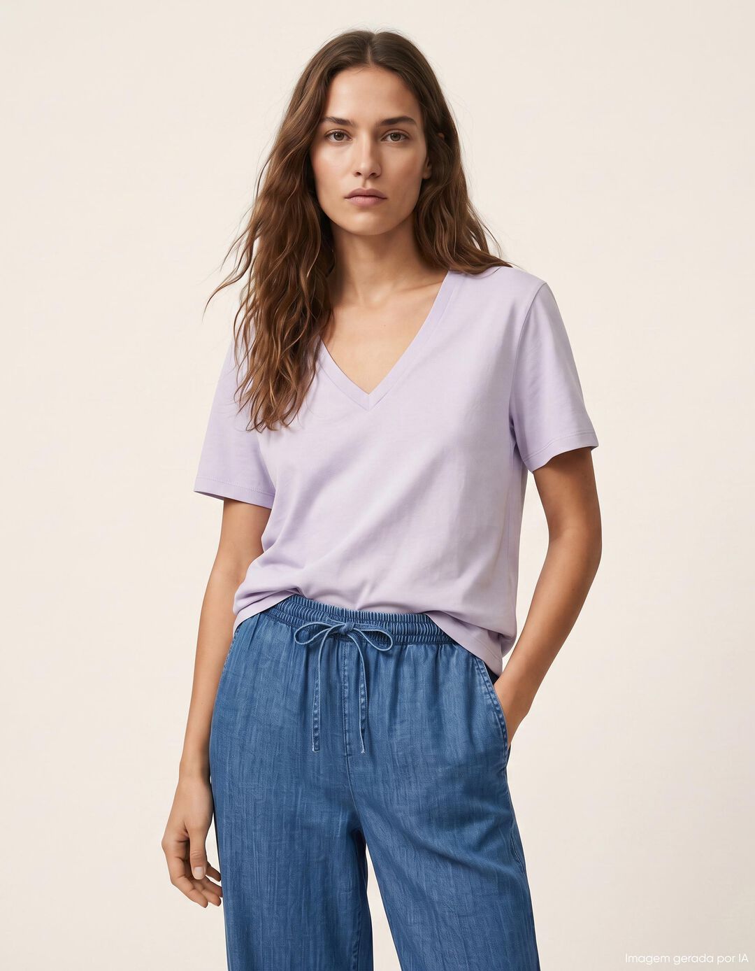 T-shirt Decote em V, Mulher, Roxo Claro