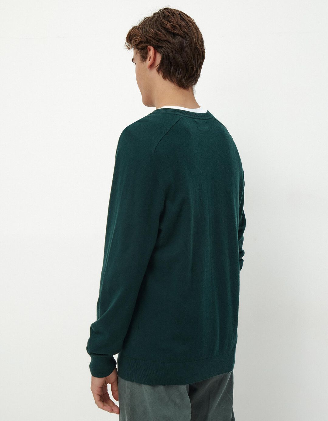 Camisola Mistura de Caxemira Decote em V, Homem, Verde Escuro