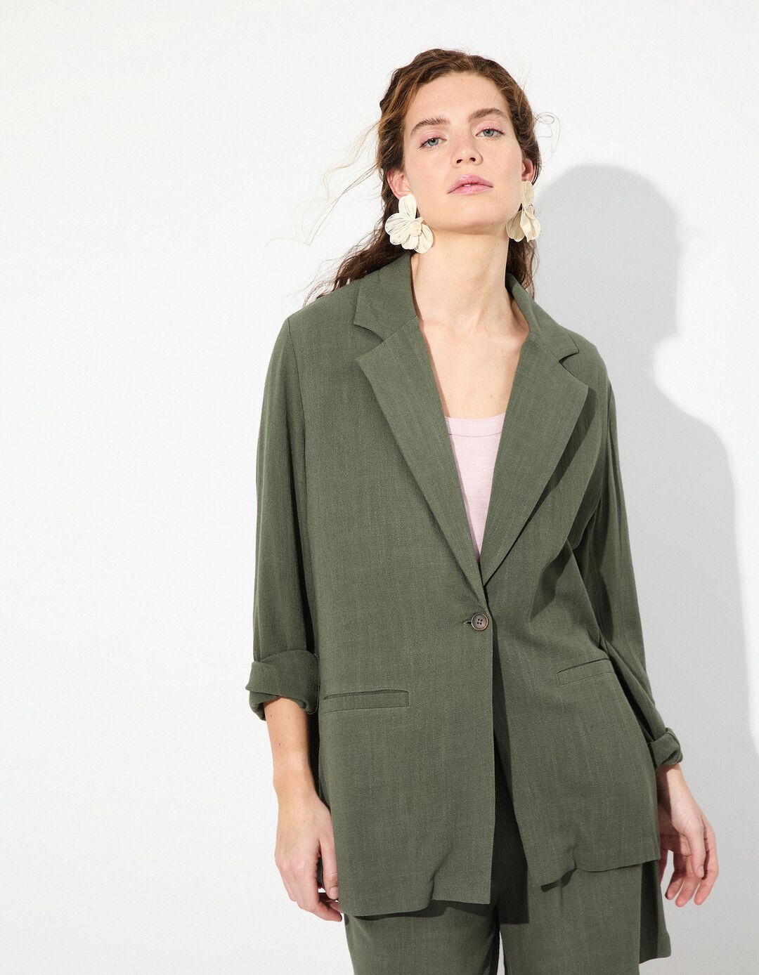 Blazer com Linho, Mulher, Verde Escuro