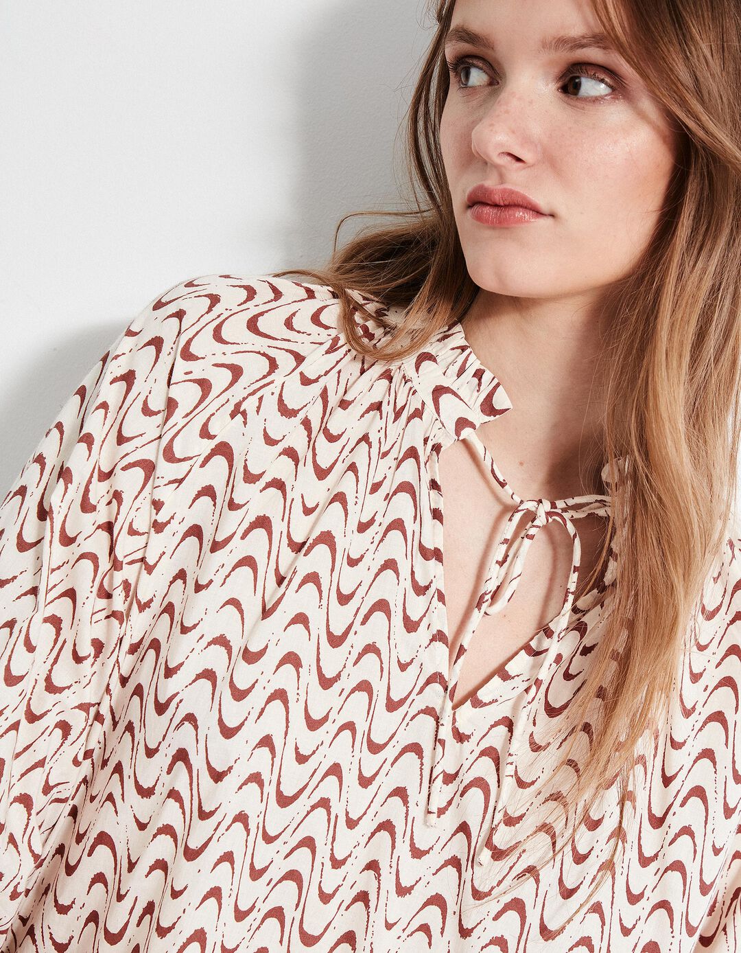 Blusa Rústica Estampada de Manga Comprida, Mulher, Vermelho Escuro