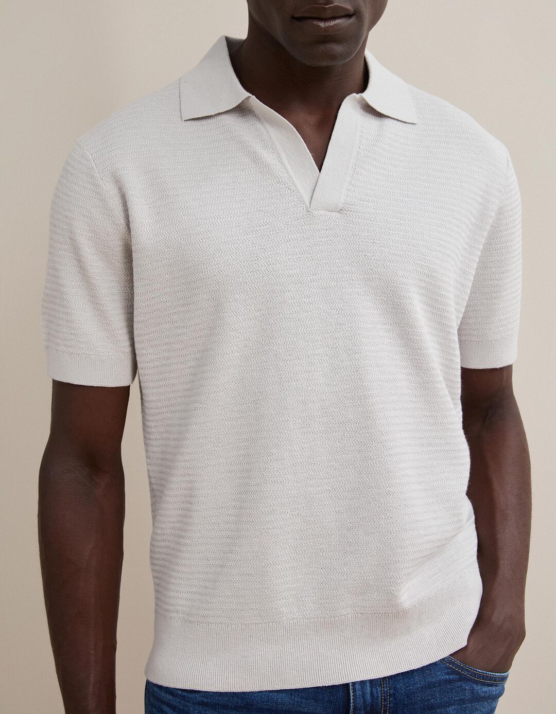 Polo De Malha Tricotada Com Linho, Homem, Bege Claro