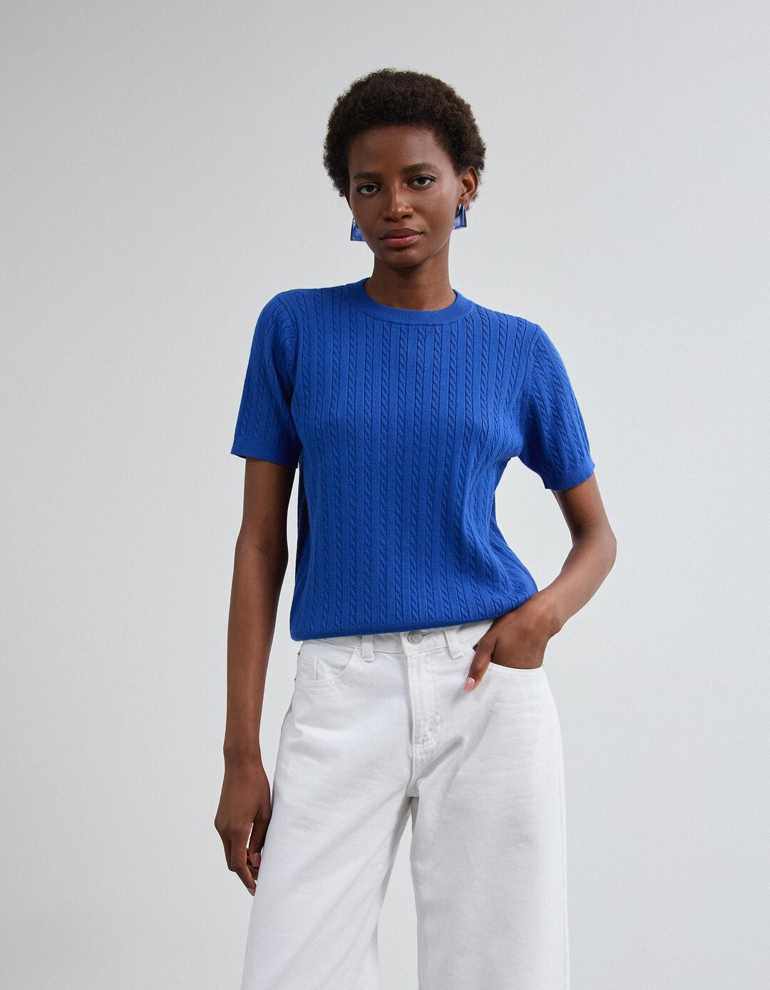 Camisola Tricotada Manga Curta, Mulher, Azul