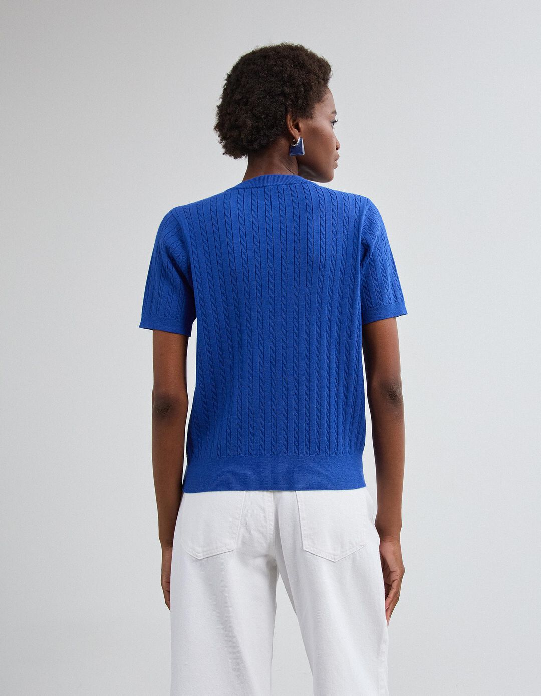 Camisola Tricotada Manga Curta, Mulher, Azul