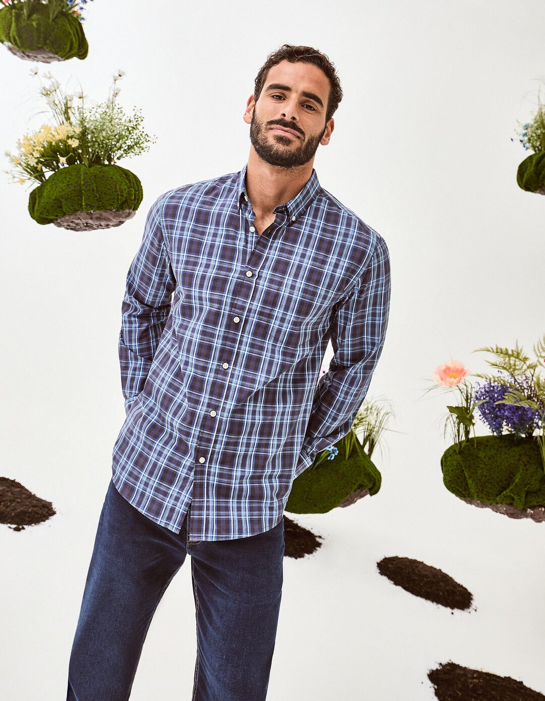 Camisa de Manga Comprida Popelina Xadrez, Homem, Azul