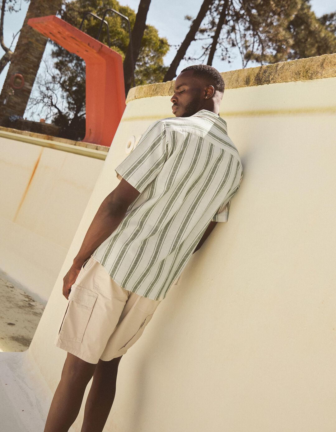 Camisa de Riscas com Linho, Homem, Verde Escuro
