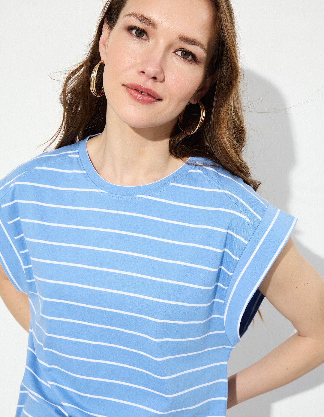 T-shirt às riscas, Mulher, Azul