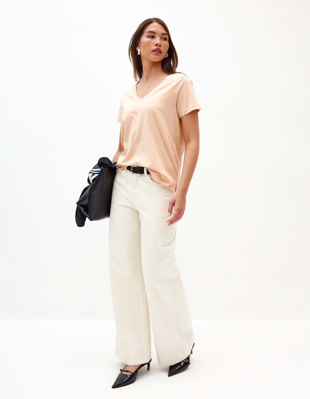 T-shirt Decote em V, Mulher, Rosa Claro