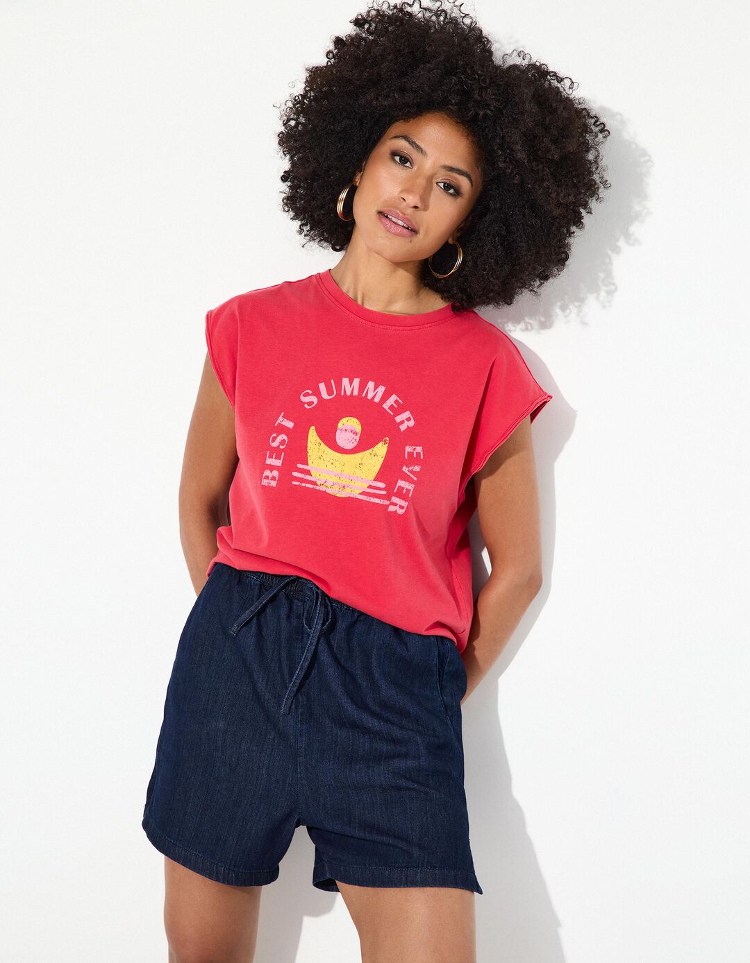 T-shirt Print sem Mangas, Mulher, Rosa Escuro 