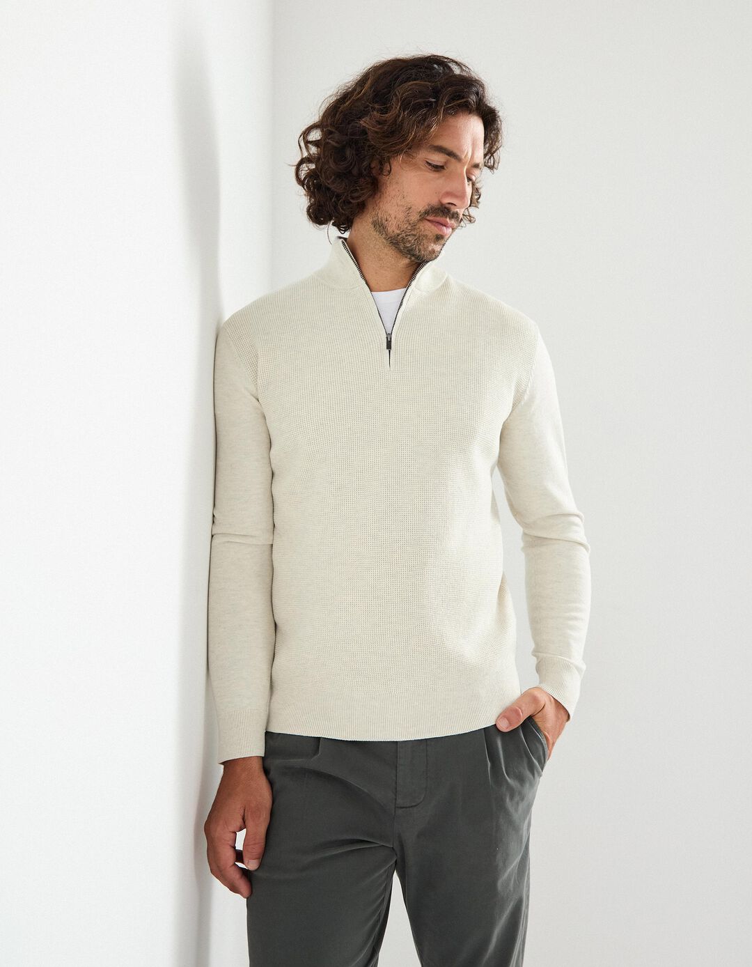 Camisola com Fecho, Homem, Bege