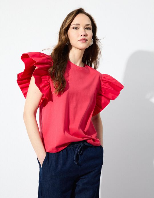 Comprar Online T-shirt com Mangas de Folhos, Mulher, Rosa