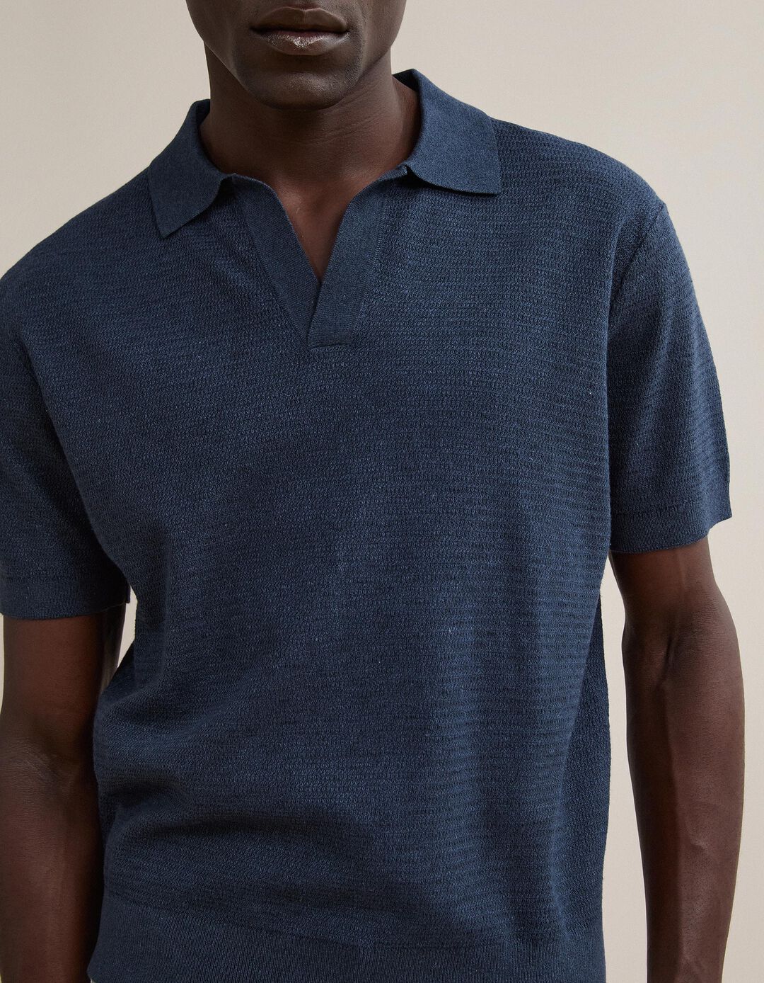 Polo De Malha Tricotada Com Linho, Homem, Azul Escuro
