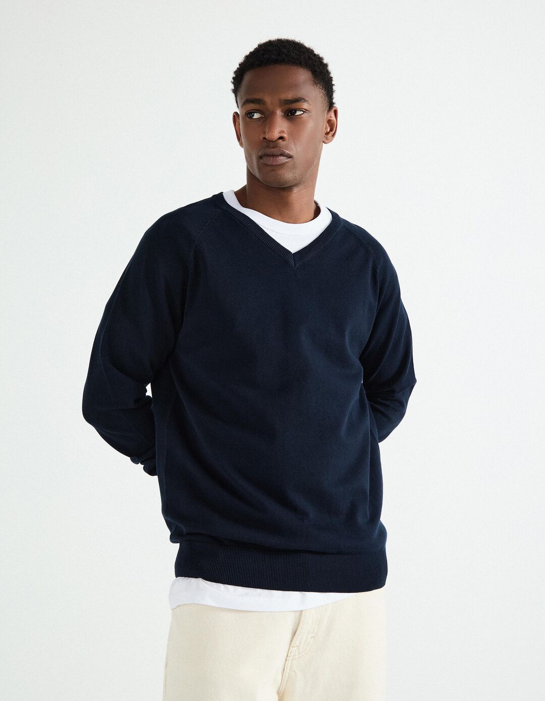 Camisola de Malha Decote em V, Homem, Azul Escuro