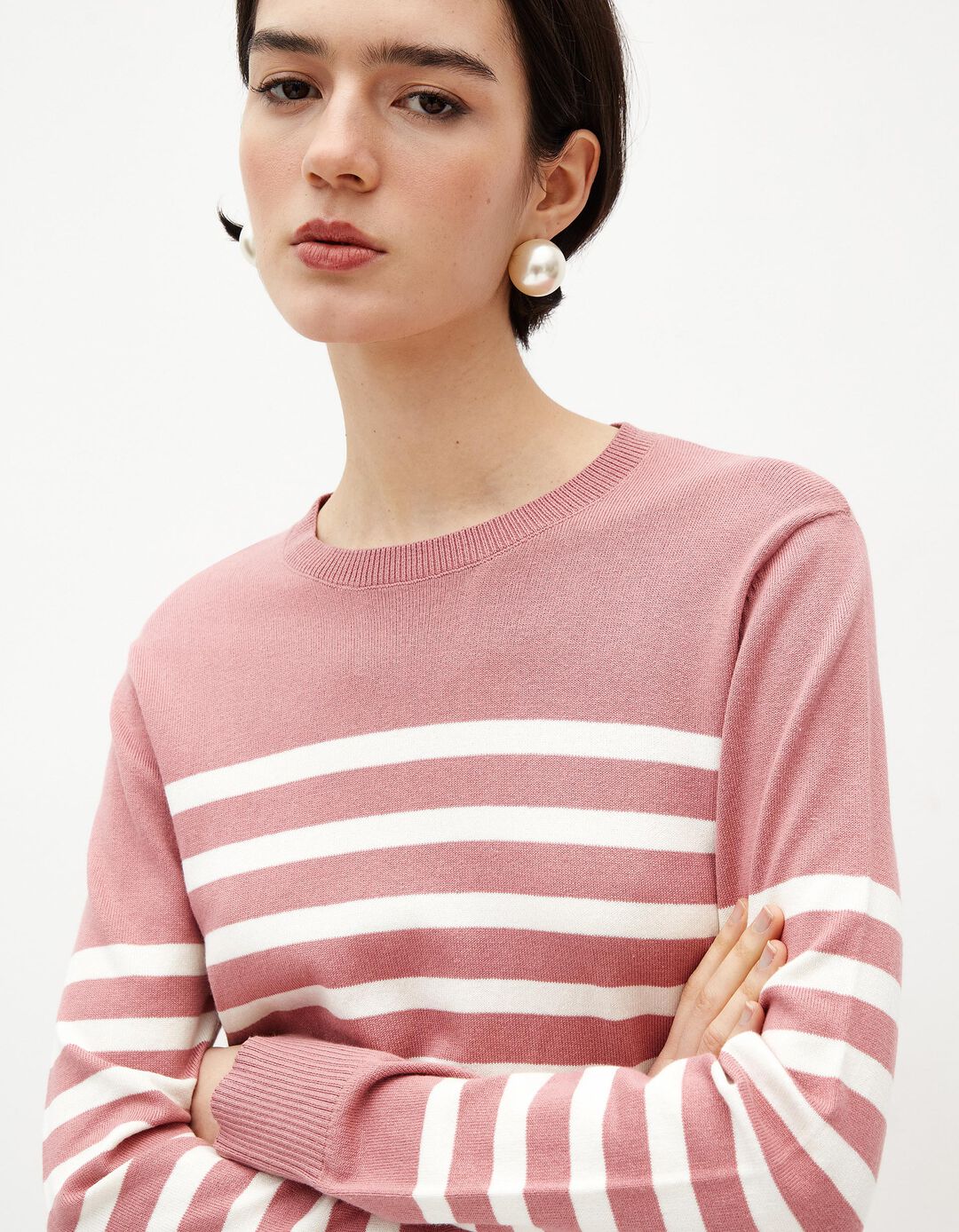 Camisola Malha Riscas, Mulher, Rosa Escuro