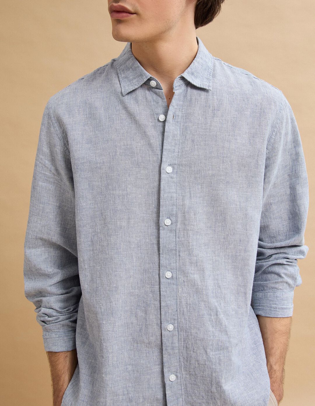 Camisa Riscas com Linho, Homem, Azul Escuro