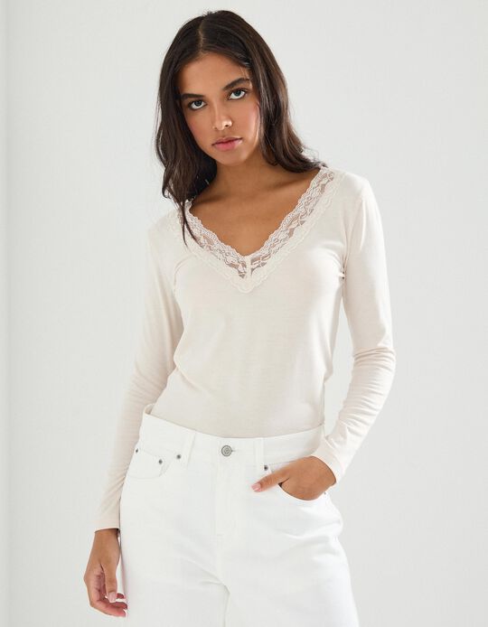 Comprar Online Camisola Interior com Renda, Mulher, Bege Claro 