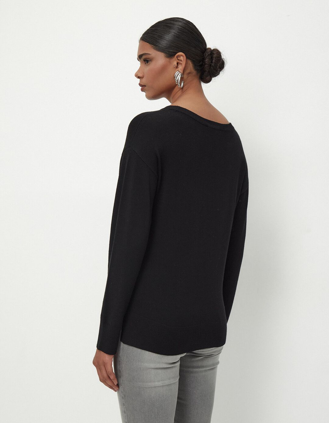 Camisola de Malha Decote Redondo, Mulher, Preto