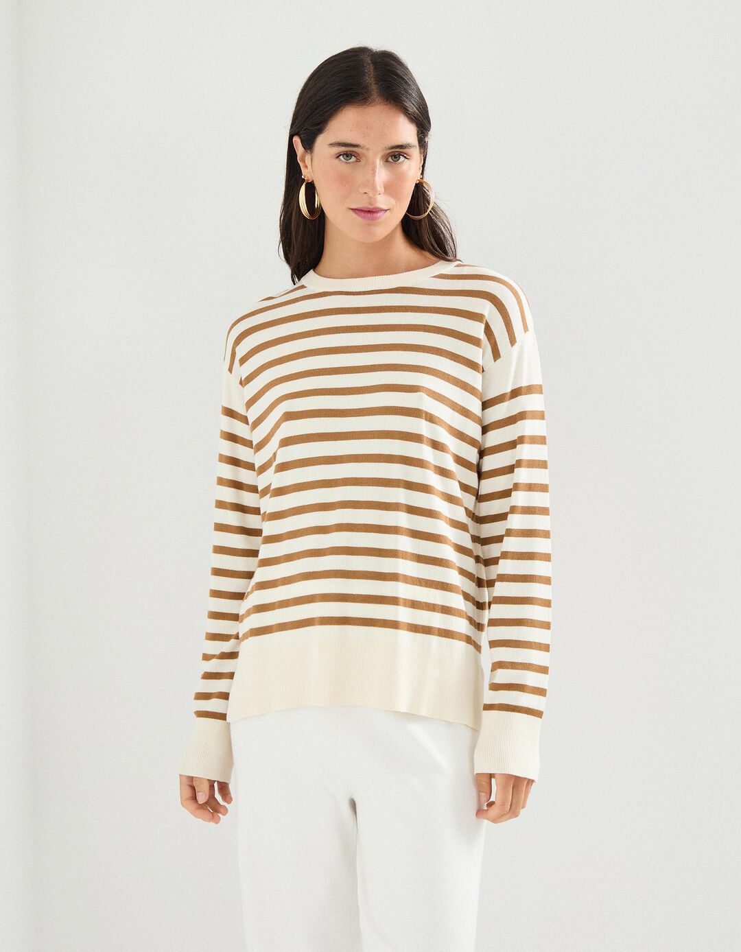 Camisola de Malha com Riscas, Mulher, Bege Claro