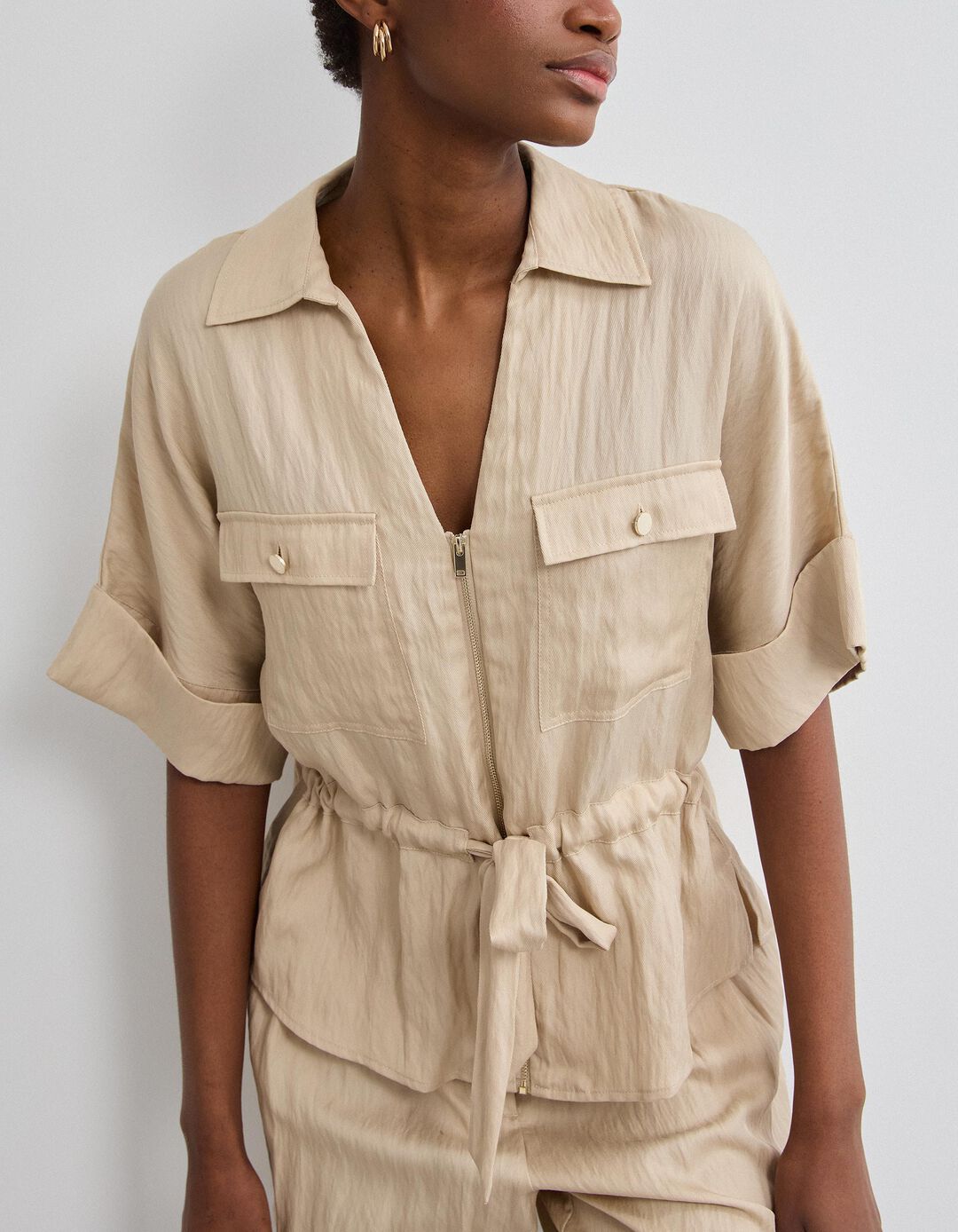 Camisa com Liocel, Mulher, Bege