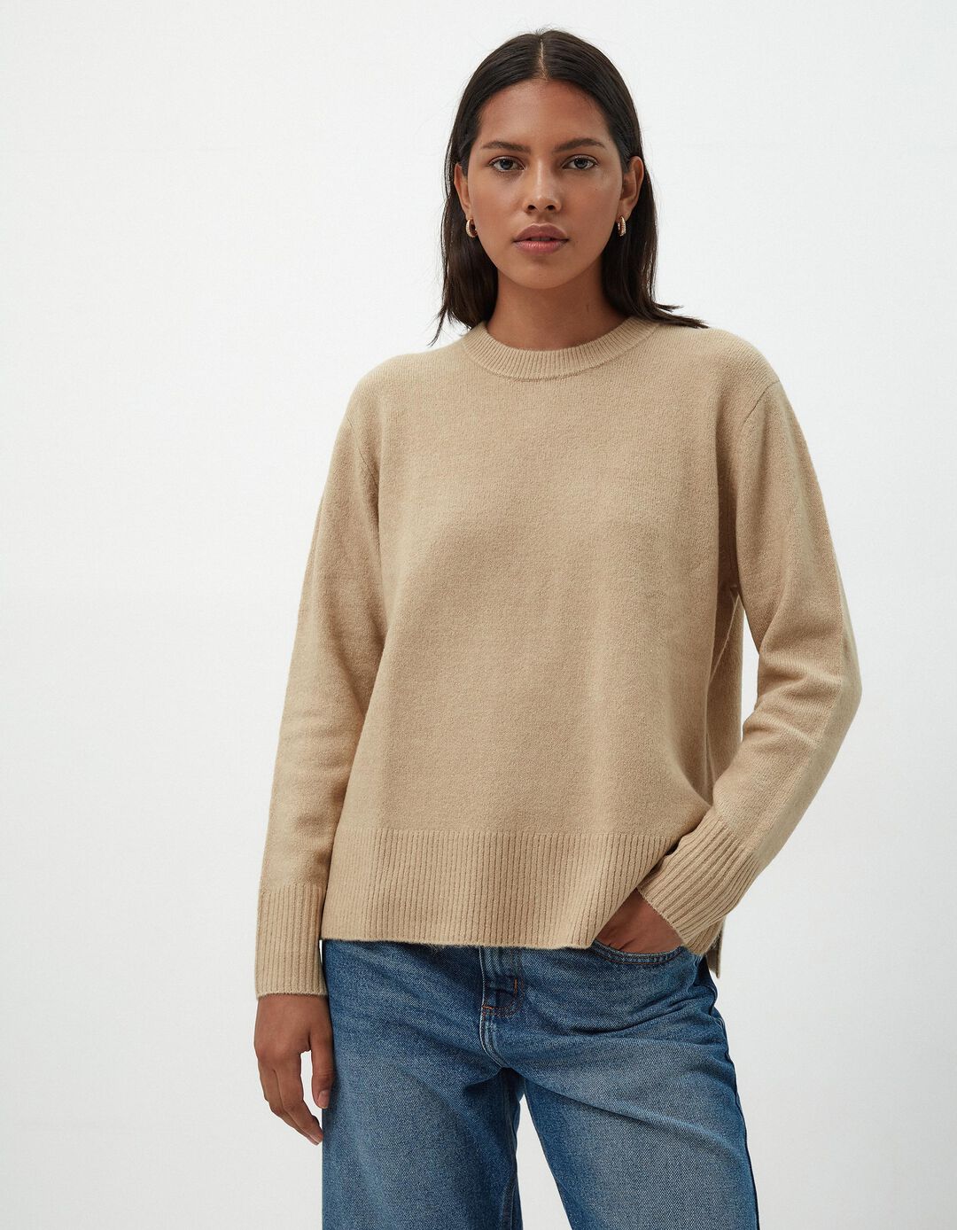 Camisola de Malha Decote Redondo, Mulher, Bege