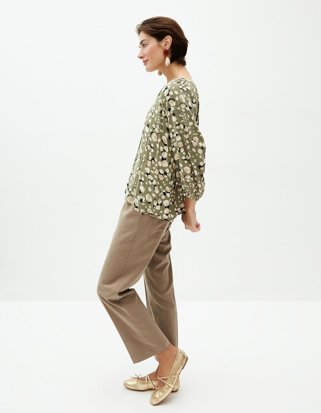 Blusa Estampada Decote em V, Mulher, Verde Escuro