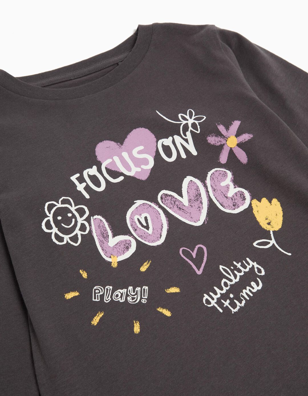 T-shirt de Manga Comprida Estampado, Menina, Cinzento Escuro