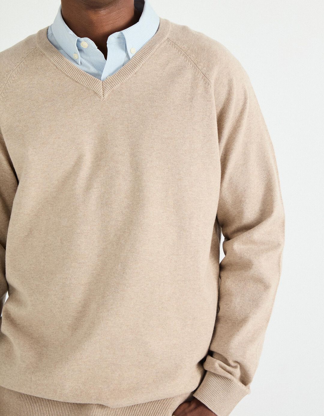 Camisola de Malha Decote em V, Homem, Bege Claro