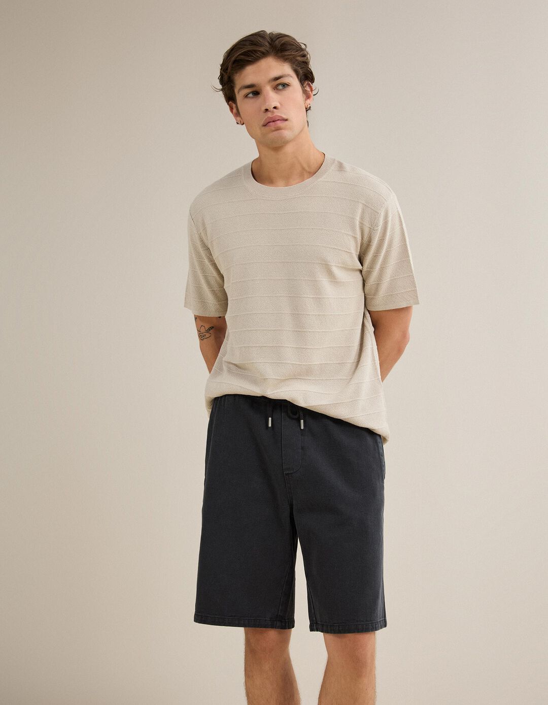 T-shirt Em Malha Tricotada, Homem, Bege