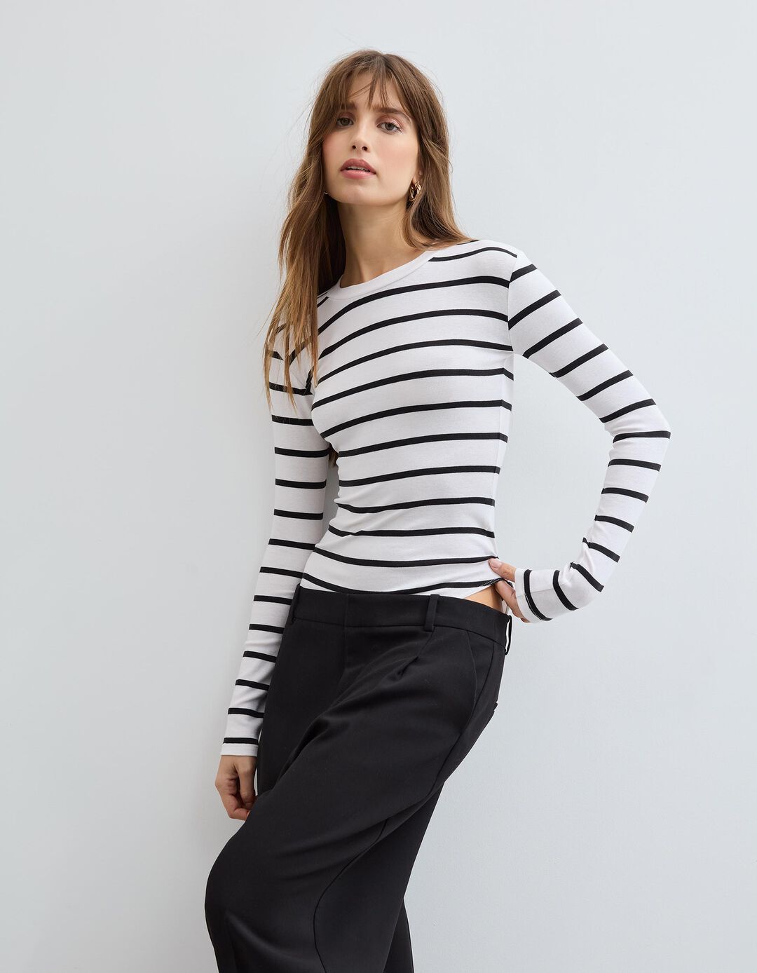 Body de Manga Comprida Riscas, Mulher, Preto