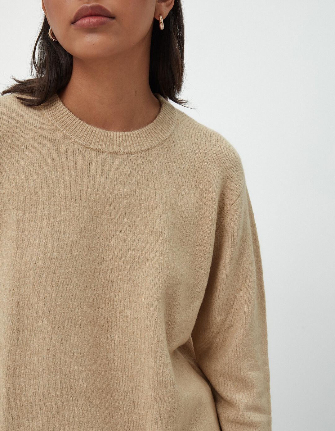 Camisola de Malha Decote Redondo, Mulher, Bege