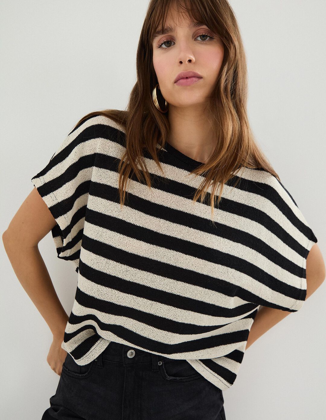 T-shirt de Riscas, Mulher, Preto
