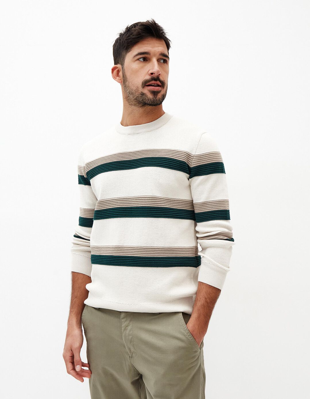 Camisola de Malha Riscas, Homem, Bege 
