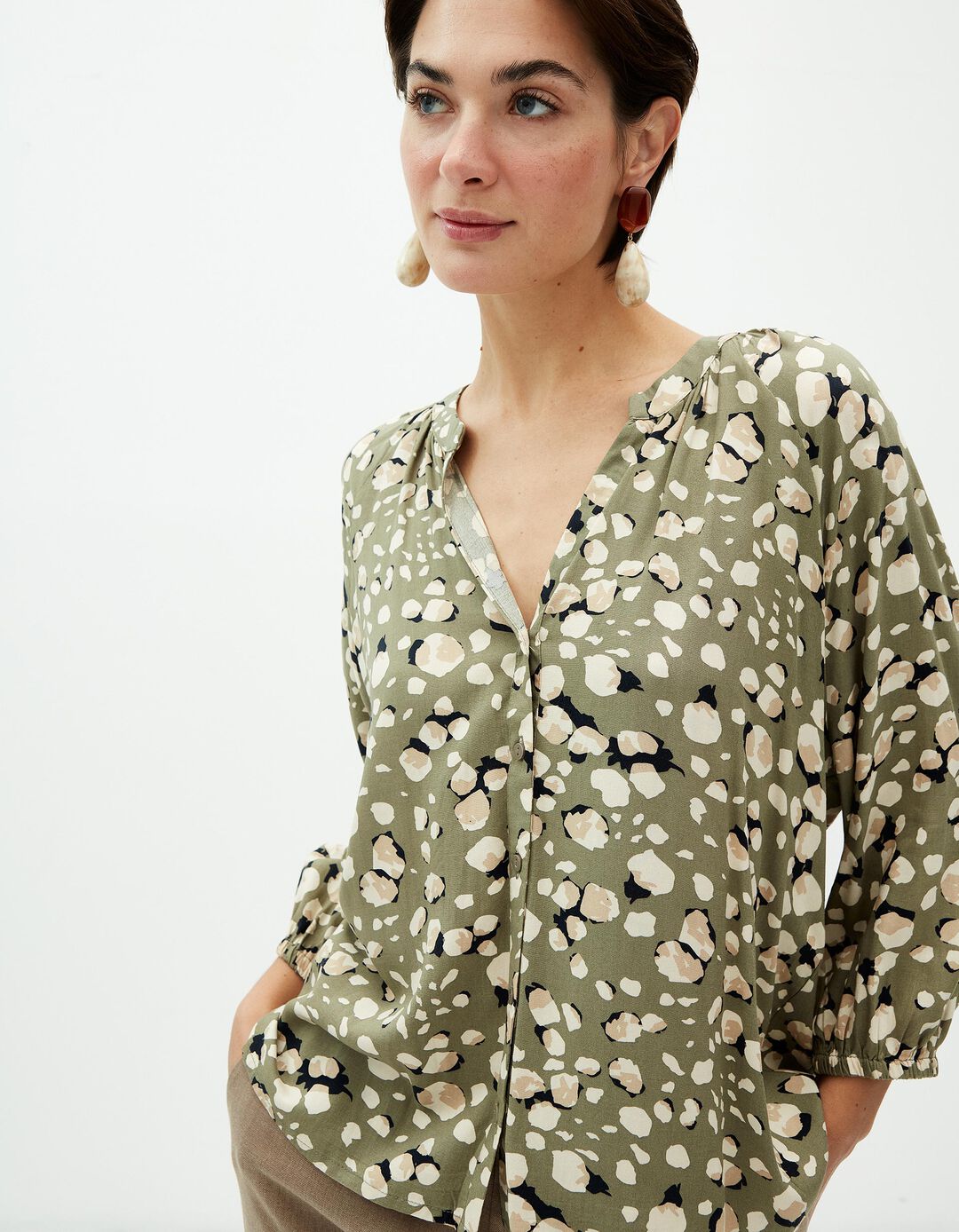 Blusa Estampada Decote em V, Mulher, Verde Escuro