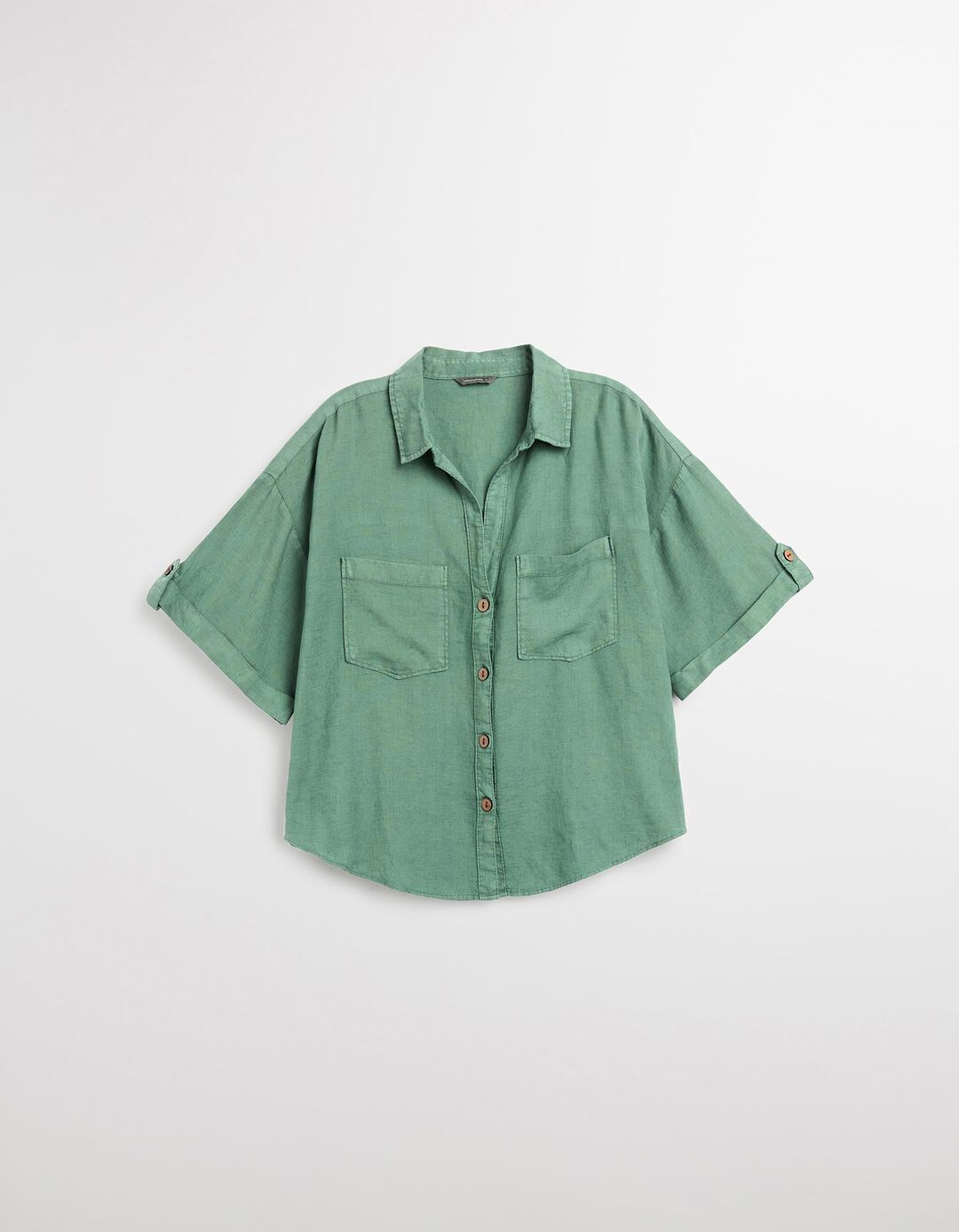 Camisa Curta com Linho, Mulher, Verde Escuro