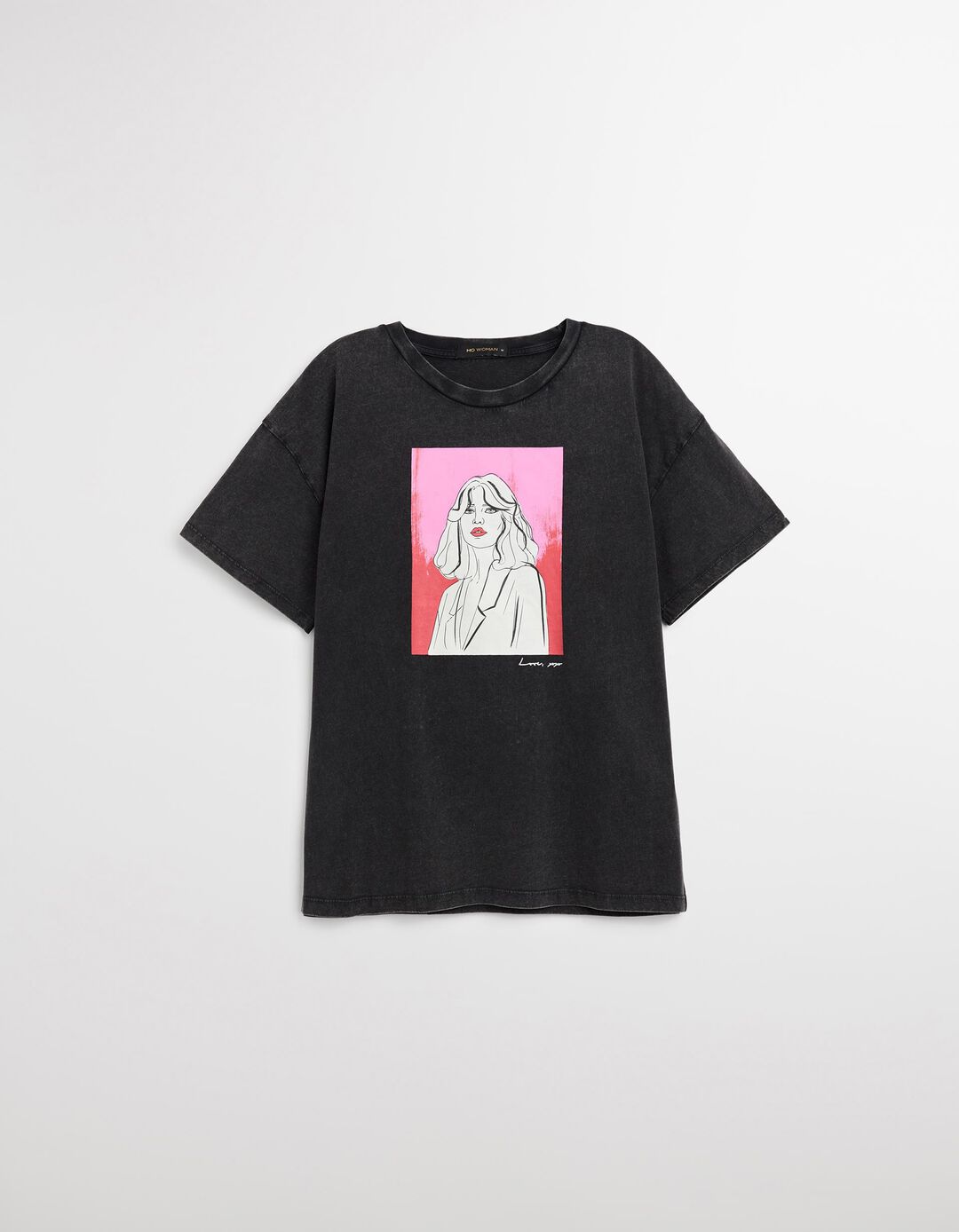 T-shirt com Ilustração, Mulher, Preto