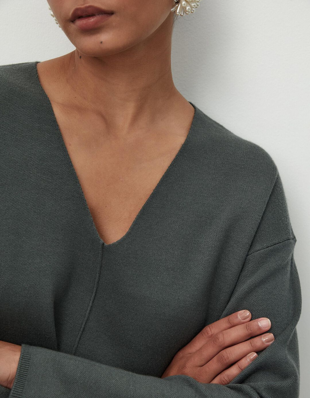 Camisola de Malha Decote em V, Mulher, Cinzento Escuro