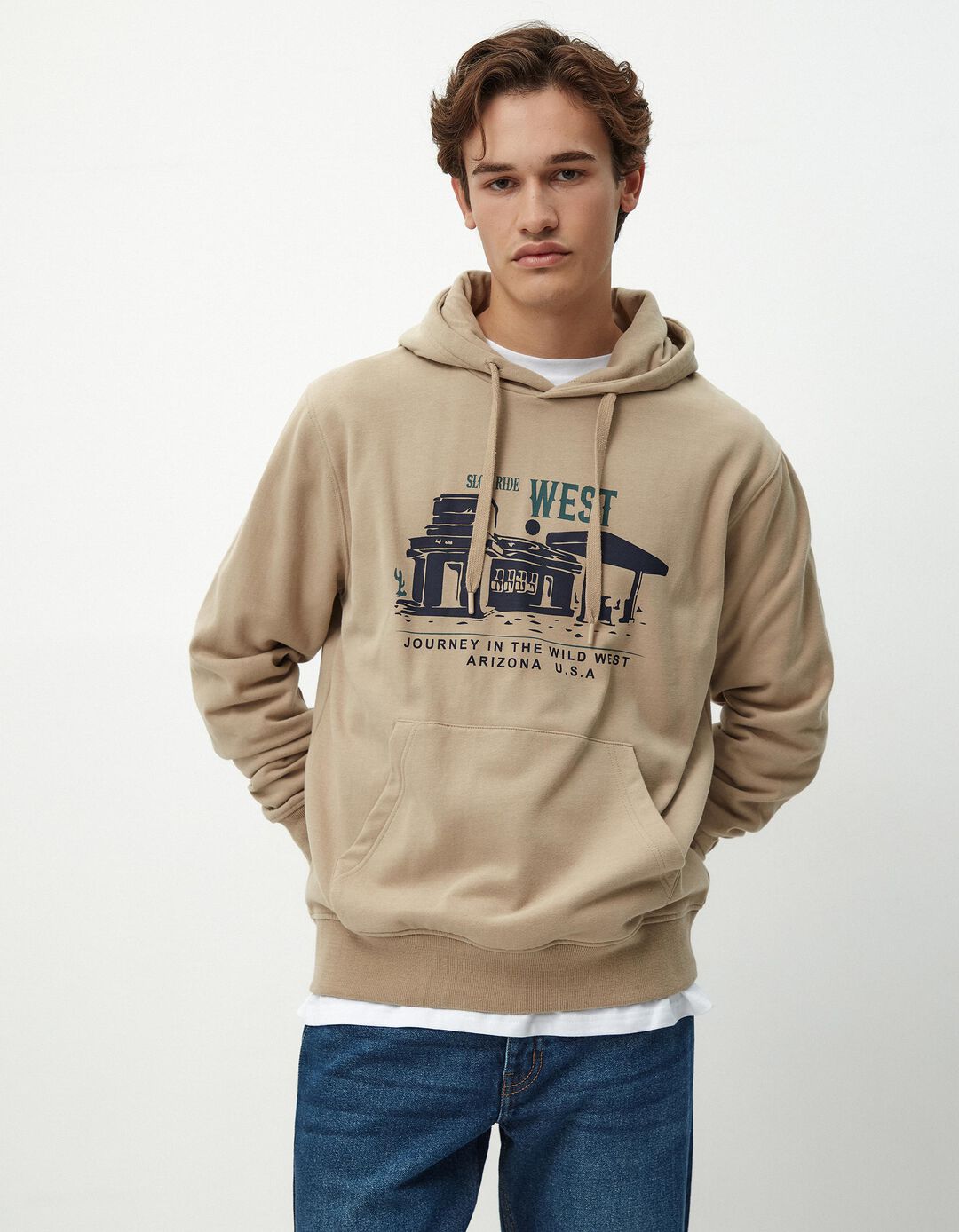 Sweatshirt de Felpa Capuz, Homem, Bege