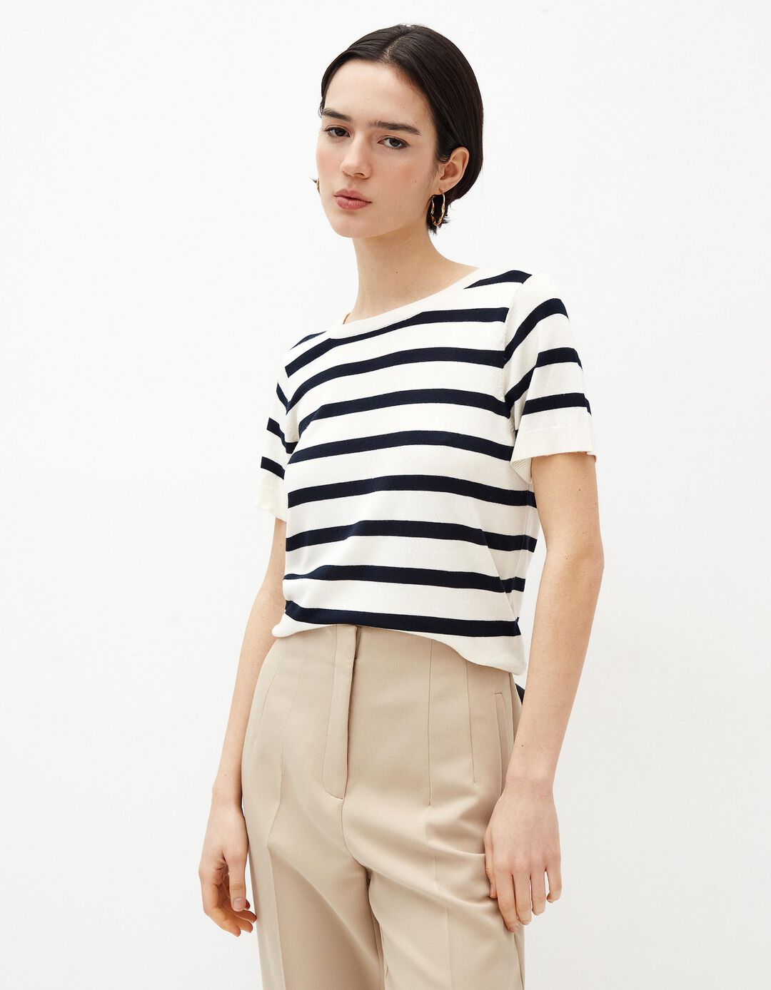 T-shirt de Malha Fina, Mulher, Bege Claro