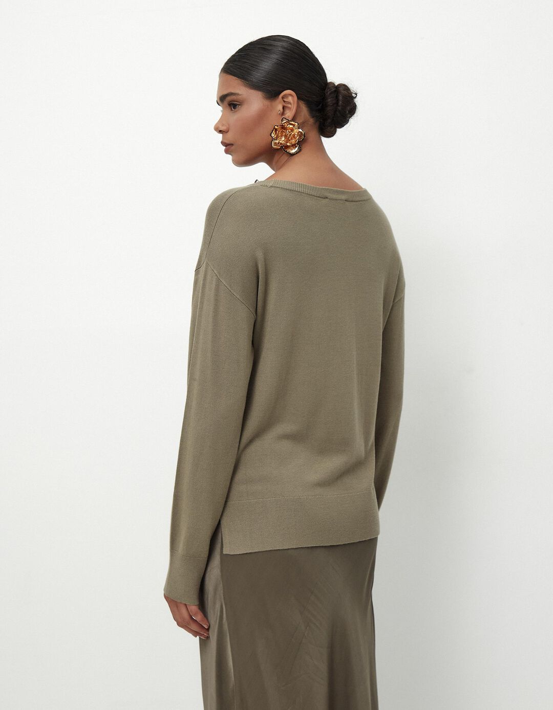 Camisola de Malha Decote Redondo, Mulher, Verde Escuro