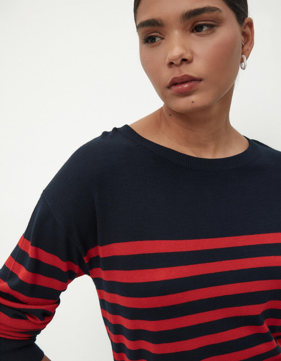 Camisola de Malha Riscas Decote Redondo, Mulher, Multicor
