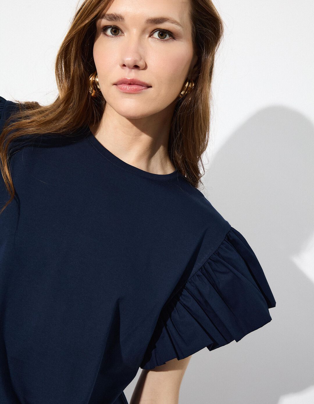 T-shirt com Mangas de Folhos, Mulher, Azul Escuro 