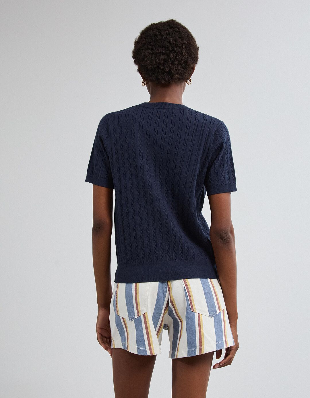 Camisola Tricotada Manga Curta, Mulher, Azul Escuro