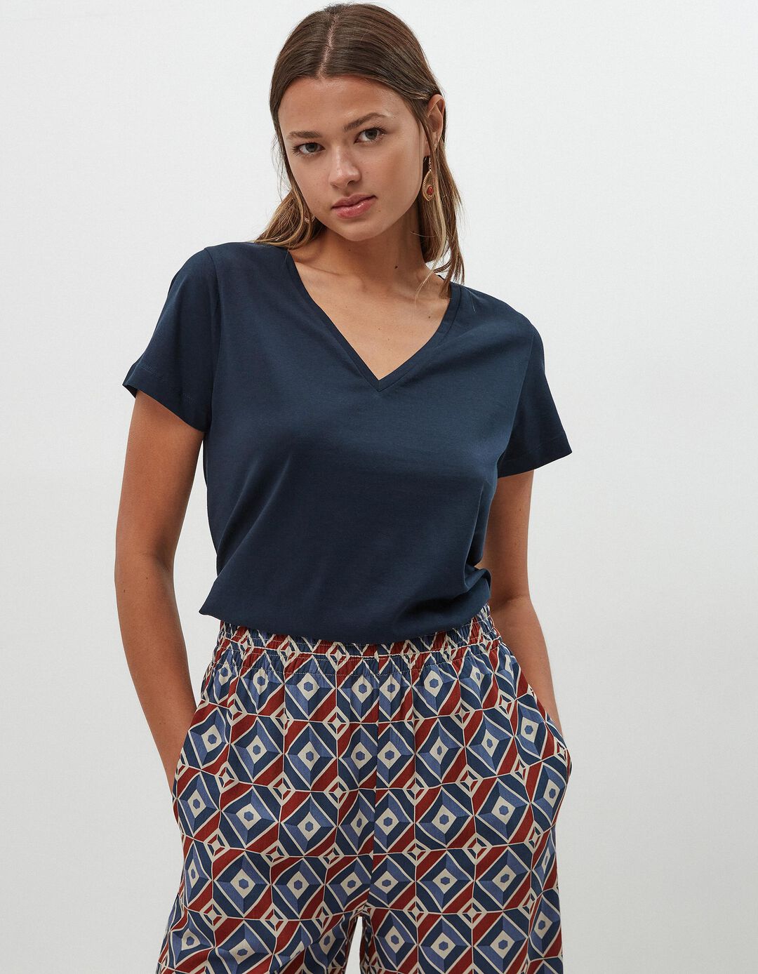 T-shirt Decote em V, Mulher, Azul Escuro