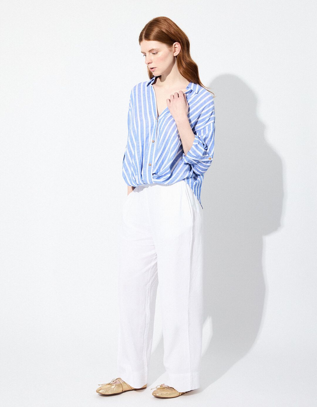 Blusa Riscas com Linho, Mulher, Azul
