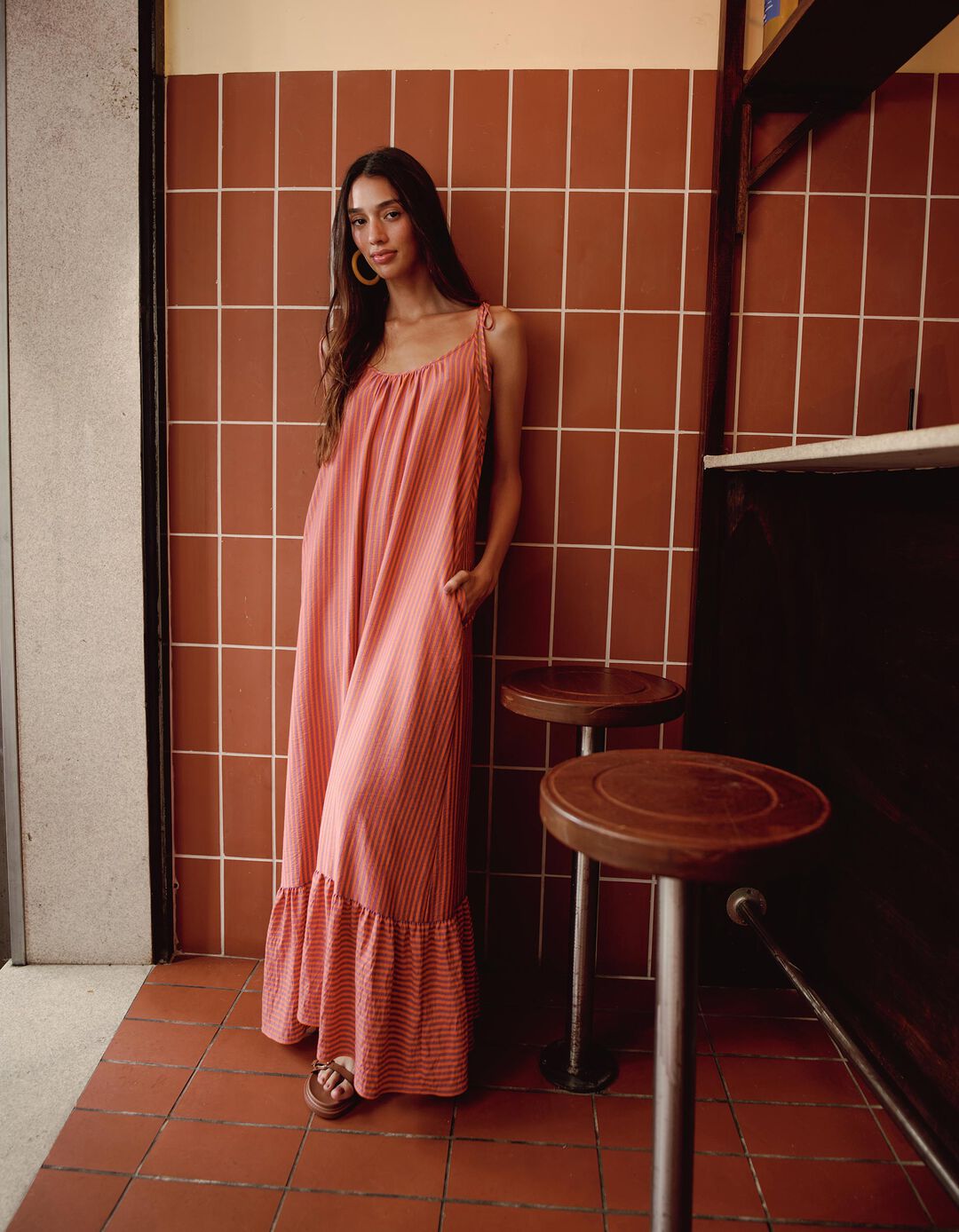 Vestido Riscas, Mulher, Laranja Escuro