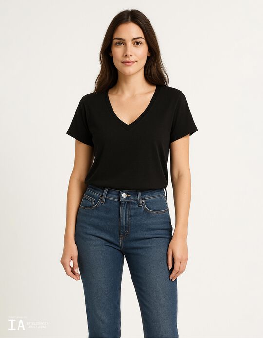 Comprar Online T-shirt Decote em V, Mulher, Preto