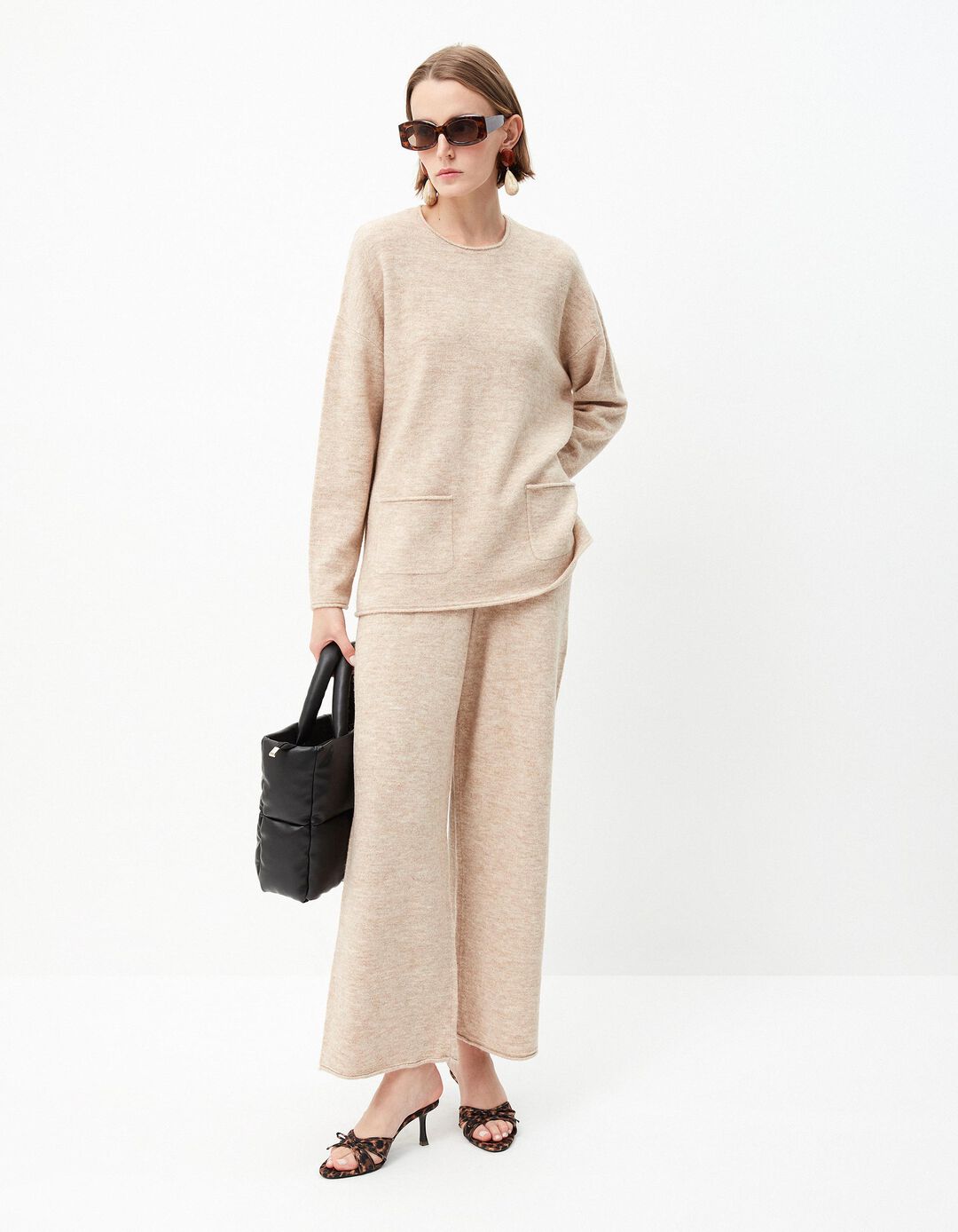 Camisola de Malha Bolsos, Mulher, Bege