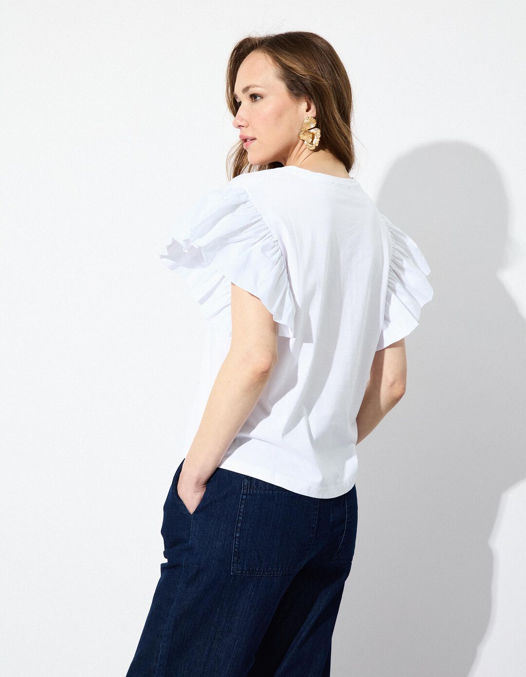T-shirt com Mangas de Folhos, Mulher, Branco 