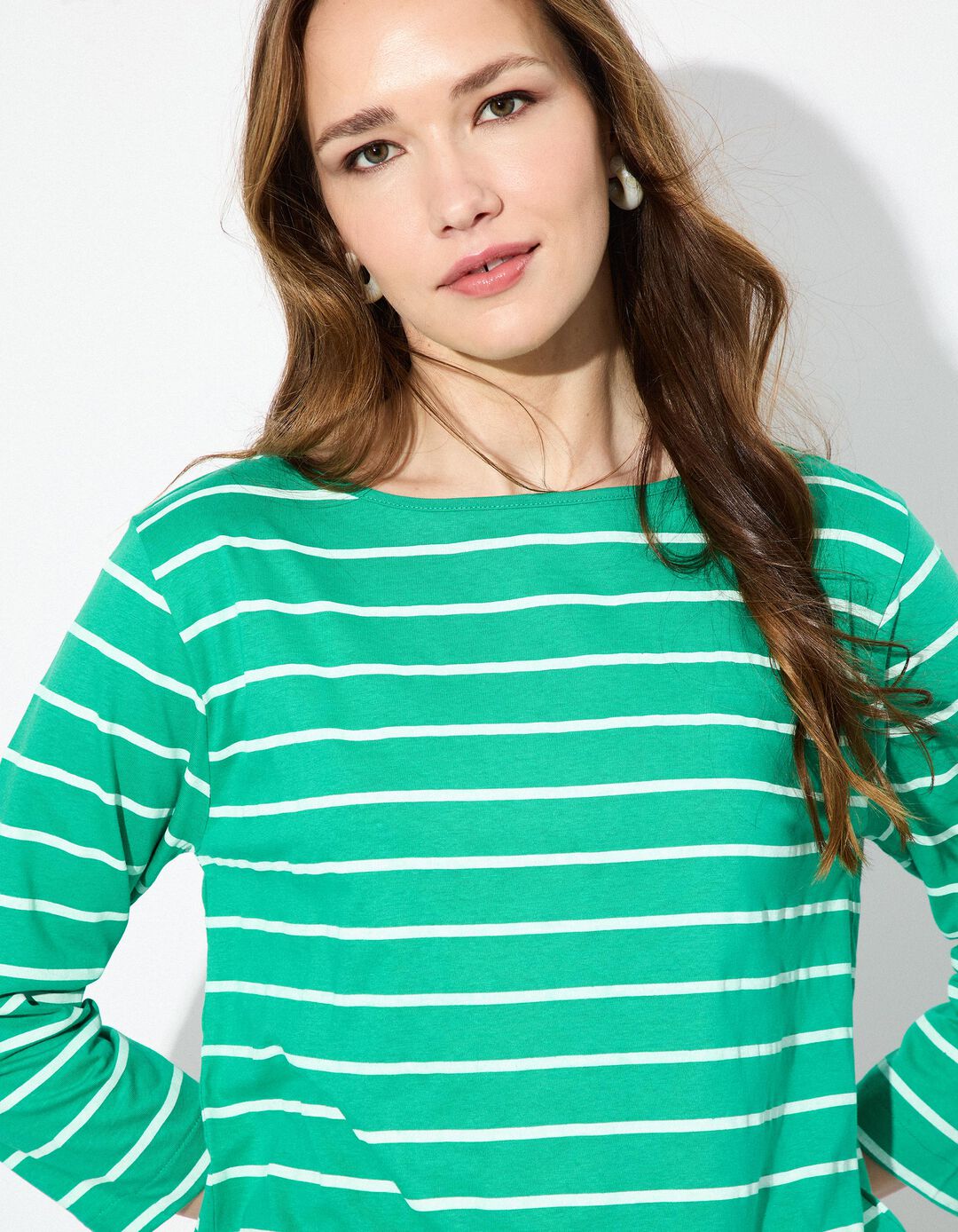 T-shirt de Manga Comprida Riscas, Mulher, Verde